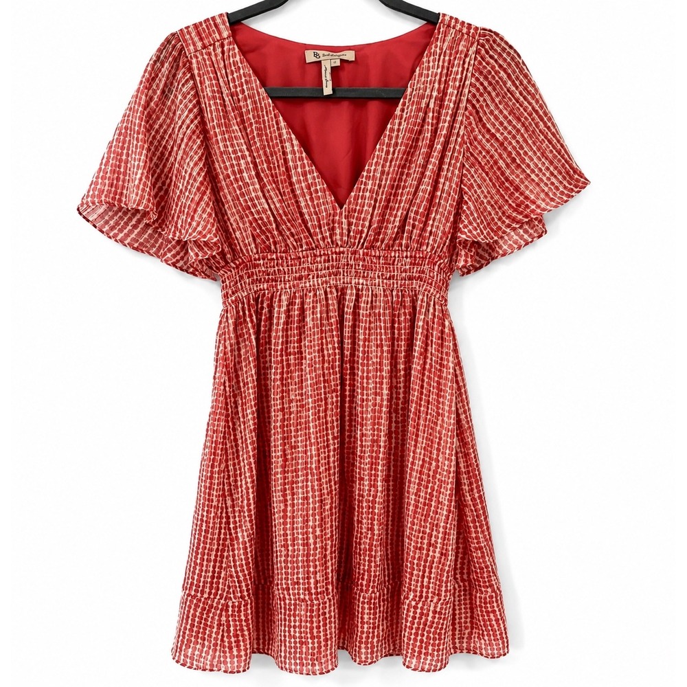 BCBGeneration Mini Dress sz S Red‎ White Excellent Smocked Flutter Sleeve V-Neck